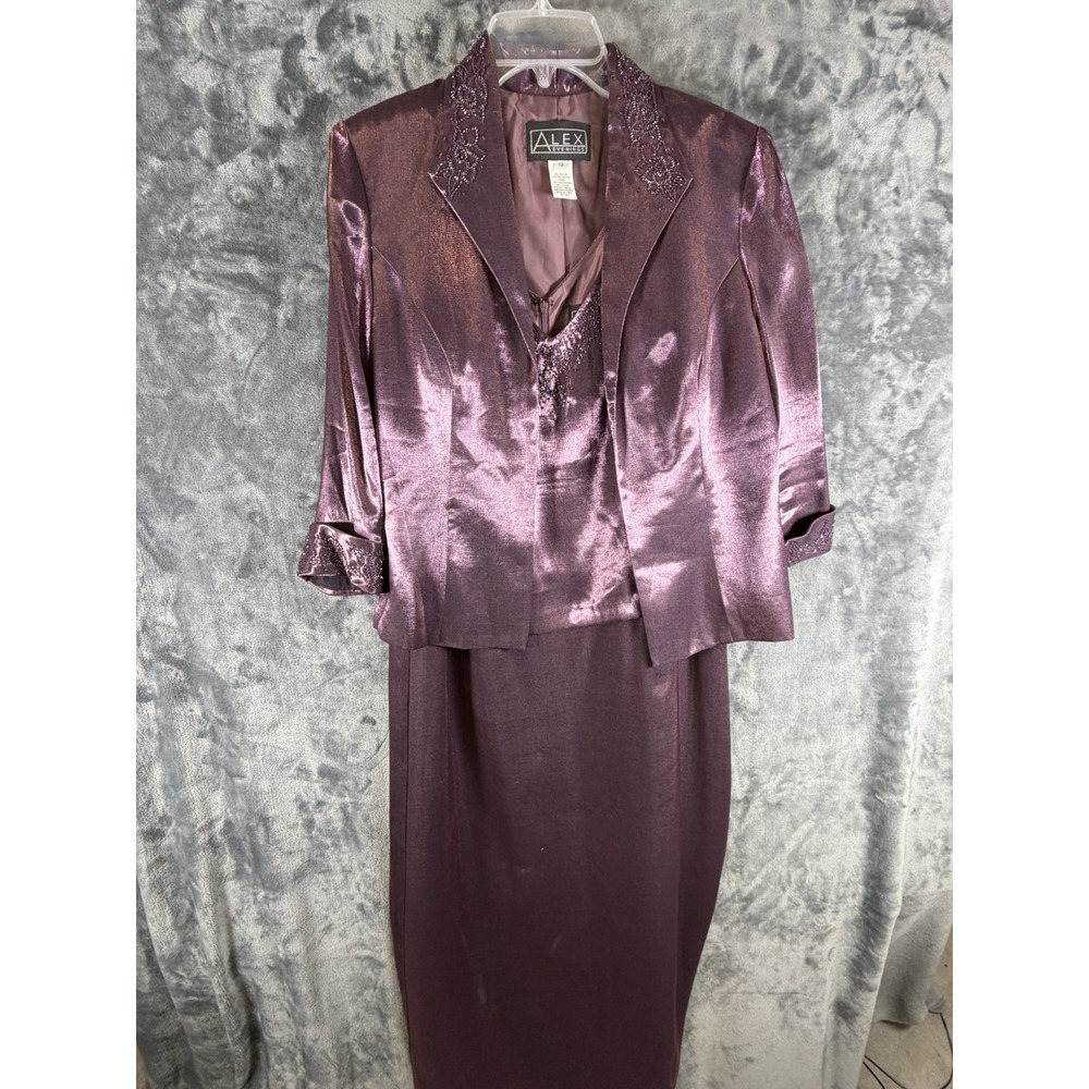 Alex Evenings Formal Burgundy Satin 2-Piece Sz 12 Beaded Jacket/Dress Set